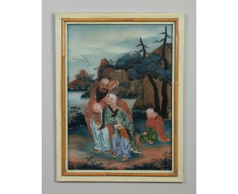 A late 19th century Chinese reverse painting on glass in later bamboo mounted frame. Portrait of the Immortal Zhongli Quan an