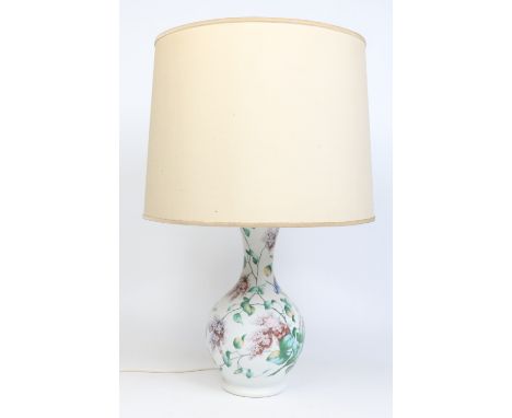 A large 19th century French opaline glass baluster vase converted to a lamp. Decorated in coloured enamels with a parrot and 