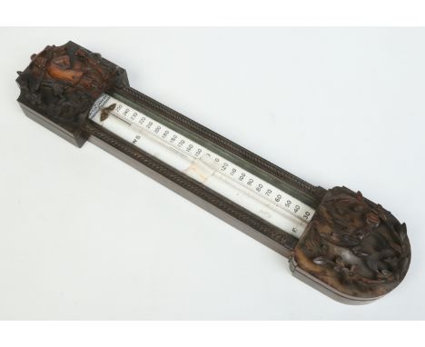 A Victorian carved coromandel chinoiserie stick thermometer decorated with figures. With white glazed dial signed Negretti & 