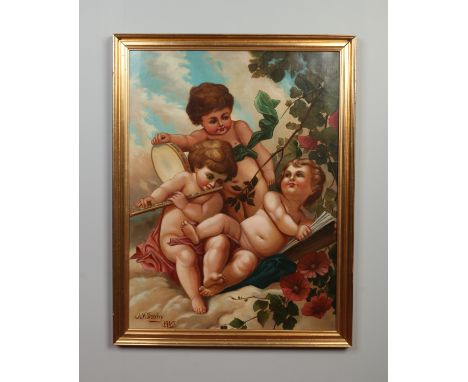 Alfred William Darby, large gilt framed oil on canvas, three putti playing instruments. Signed and dated 1905, 98cm x 74cm.  