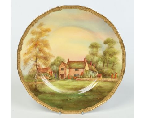 A Royal Worcester cabinet plate by Edward Townsend. With a tooled gilt border and painted with a named view of Sulgrave Manor