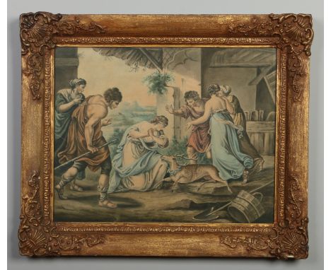 An early 19th century watercolour, Classical scene with a group of figures gathered around a wounded deer shot with an arrow,