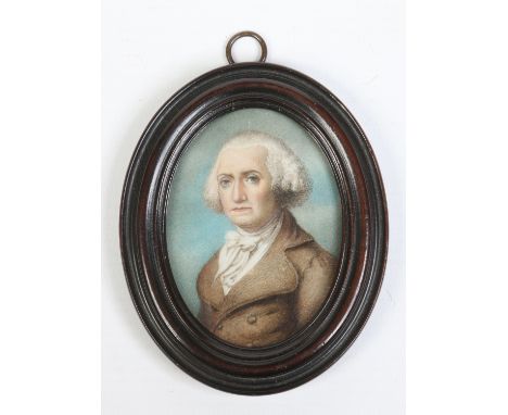 After Andrew Plimer, an early 19th century oval ivory portrait miniature of a gentleman wearing a wig, cravat and coat, in mo