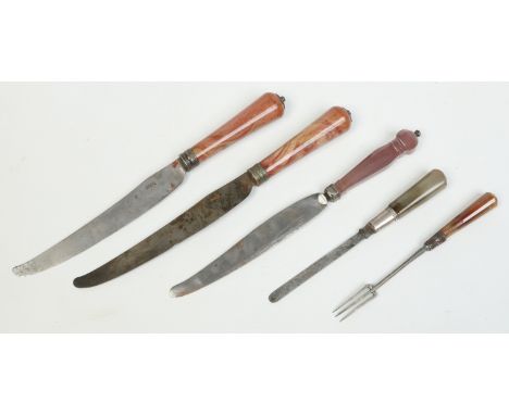 Five pieces of Georgian steel table cutlery with agate handles. Including three table knives, butter knife and a pickle fork.