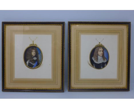 A pair of portrait miniatures of Oliver Cromwell and Charles I, framed and glazed, 11 x 6.5cm (2) 