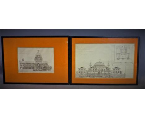 Two architectural prints of a church and the facade of a Naval School, 19th century, 45 x 34 cm 