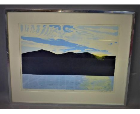 Contemporary Norwegian artist, View of fjord, screenprint on wove paper, signed, titled 'Septemberhoeld' and dated 1978, Fram