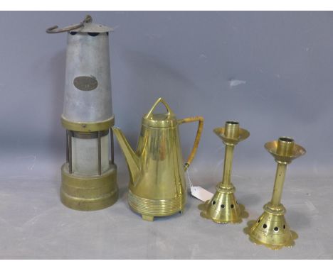 The Premier Lamp &amp; Engineering Company of Leeds Vintage Miners Lamp, H.37cm, together with a J.N. Daalderop brass teapot,