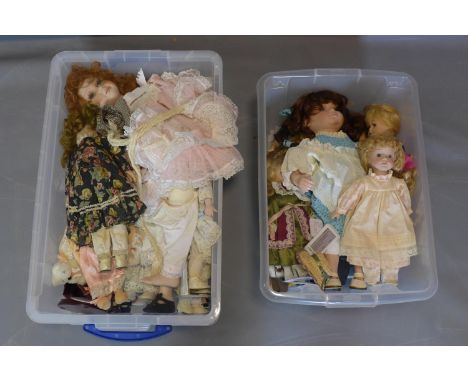 Collection of ceramic dolls and handmade clothes, approx 25, late 20th century. 
