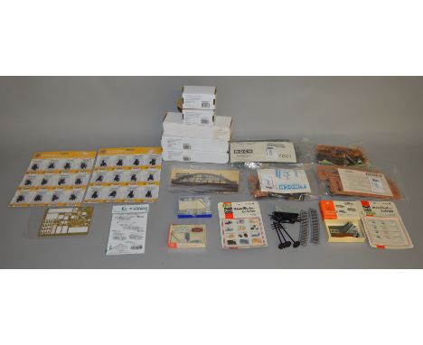 N Scale various items which includes; 12 pack Bachmann roller bearings #42535, #42534, 2 Oxford die-cast lorry cabs, 5 Noch p