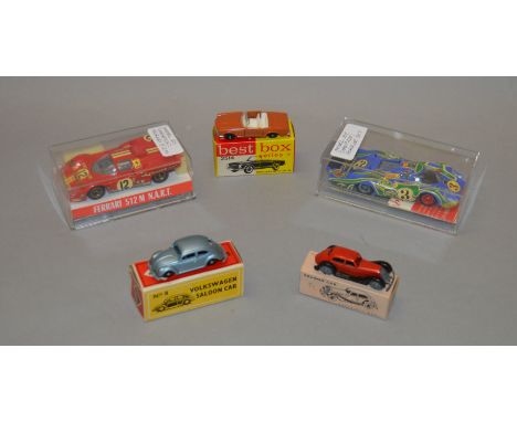 5 boxed diecast model cars including two by Champion (France) - a Porsche 917 and a Ferrari 512M in 1:43 scale together with 