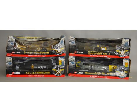 4 Corgi Classic Warbirds 1:18 scale boxed models; Supermarine Spitfire Mk.I, P-40 Warhawk, F4U-1A Corsair, Messerschmitt Me-1