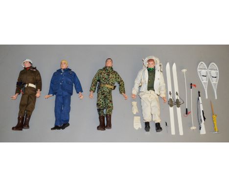 4 unboxed Palitoy Action Man soldier figures clothed in various different outfits including Airman, Soldier in camoufalge, Mi