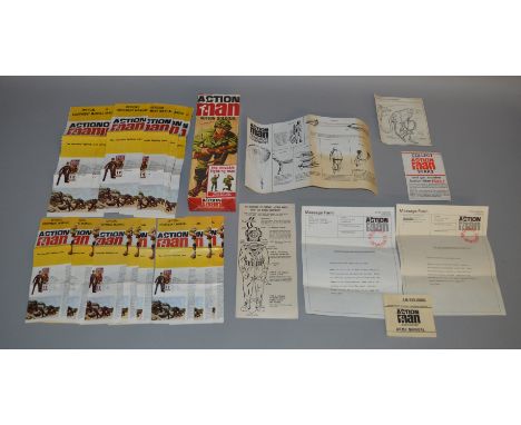 An empty box for a Palitoy Action Man figure together with a quantity of 'Action Man' related paperwork which includes an Act