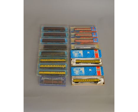N Gauge. 15 boxed Coaches by Rivarossi, Roco,&nbsp; Atlas and others including a Model Power #3033 Amtrak Coach, 2 Con-Cor #4