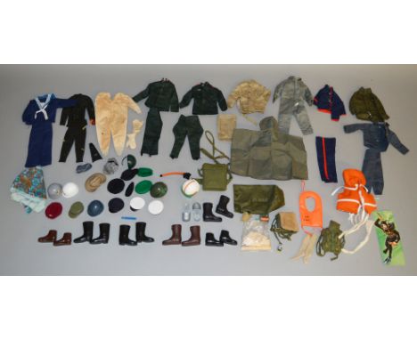 A quantity of unboxed vintage Action Man clothing, headgear and boots, also including some rucksacks. Condition of items vari