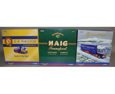 3 Corgi 1:50 scale die-cast truck model sets; #CC99165 D.R. Macleod Of Stornoway, #CC99192 Haig Transport, #CC99174 Malcolm w