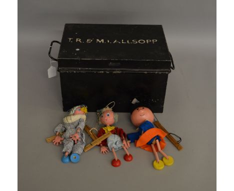 3 Pelham puppets; Andy Pandy, Noddy and Florence (Magic Roundabout) along with a black painted metal deed box / trunk with th