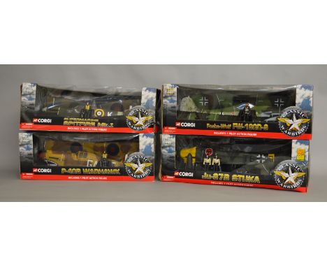 4 Corgi Classic Warbirds 1:18 scale boxed models; Supermarine Spitfire Mk.I, P-40 Warhawk, Ju-87B Stuka, Focke-Wulf FW-190D-9