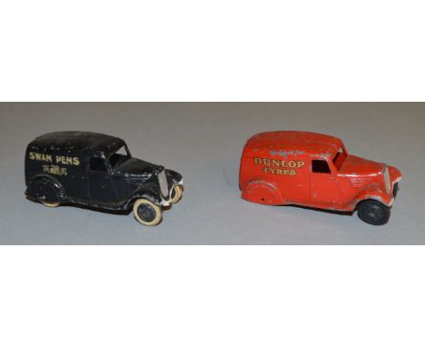 2 unboxed Pre-War Dinky Toys Vans including a 28h Delivery Van 'Dunlop Tyres' (Type 2) in red, F but with some signs of fatig