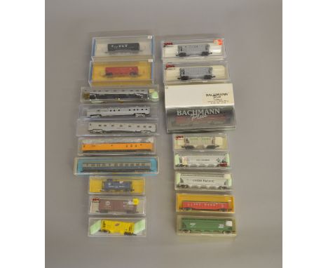 N Gauge. EX SHOP STOCK 5 Coaches together with 13 rolling stock by Atlas, Rivarossi, Bachmann etc (18).