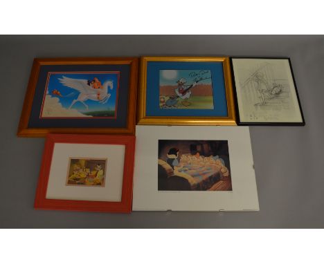 5 framed Disney related prints including scenes featuring various different popular characters, one being a Donald Duck print