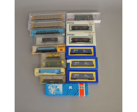 N Gauge. EX SHOP STOCK&nbsp; 16 boxed rolling stock by Con-Cor, Rovarossi, Bachmann etc(16).