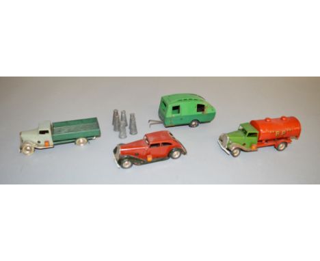 4 unboxed Pre-War Tri-ang Minic tinplate vehicles including 10M Delivery Lorry with six churns, 15M Petrol Tanker 'Shell/BP' 