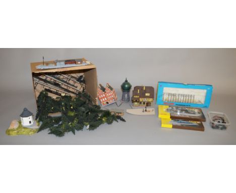 A variety of railway accessories of various scales, which includes; N scale Faller built buildings, large quantity of N scale