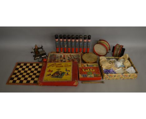 An interesting selection of vintage toys including a Japanese ceramic 'Toy Tea Set', a boxed 'Pyramid Pictures and Building B