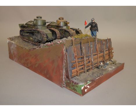 2 Takom WW1 Renault Tank models mounted on diorama base in 1/16th scale, approximately 55cm wide, together with 12cm figure w