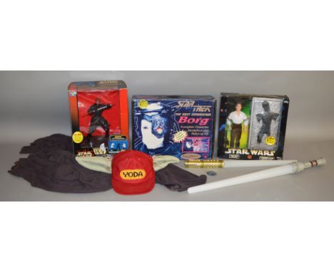 Star Wars Hans Solo action figure, Darth Maul Talking Bank, Yoda Hat, 2 lightsabers, Jedi Cloak and a Star Trek Borg complete
