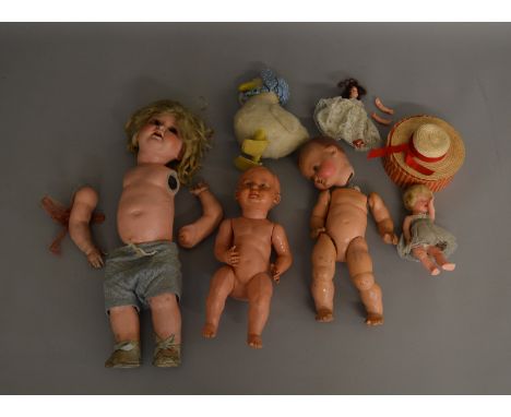 An interesting selection of vintage ceramic, celluloid and plastic dolls of various sizes, some with limbs detached including