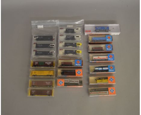 N Gauge. EX SHOP STOCK. 21 boxed items of Rolling Stock, mostly&nbsp; by Roco and Atlas Hopper and Ore Cars and a Roundhouse 