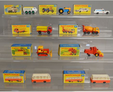 9 boxed models from the Matchbox Lesney 1-75 series Regular Wheel range including 16d Case Dozer, 21d Foden Concrete Truck, 3