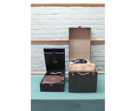 A vintage wind up HMV gramophone plus a large box of 78 records