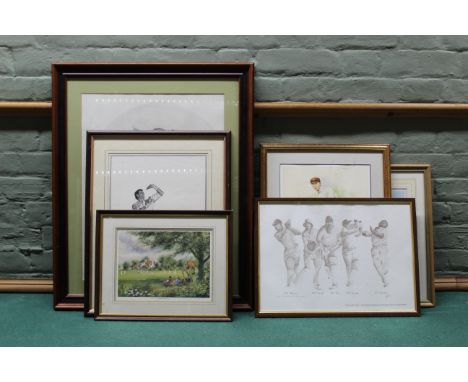 A selection of framed cricket themed signed prints including Jack Russell limited edition 655/950 signed Sir Don Bradman, Art