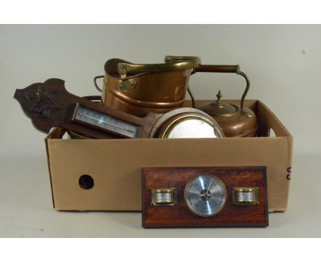 Two 19th Century brass preserving pans, a copper kettle, a coal scuttle, an oak 1930's barometer plus a 20th Century baromete