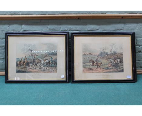 A set of four 19th Century framed hunting prints after Henry Alken plus a pair of continental porcelain dishes with painted p