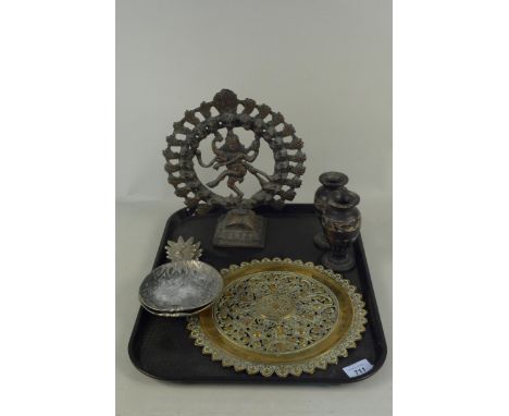 A vintage Indian copper God figure, a small heavy brass plaque, 27cm in dia plus a pair of dead sea stone vases etc