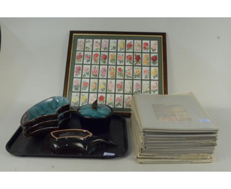 A set of four Canadian glazed pottery leaf shaped dishes, bowl and cover, a collection of eleven portfolio volumes 'Metropoli