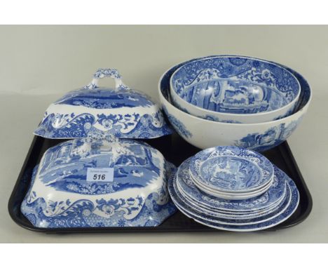 Two Copeland Spode 'Italian' bowls (one as found), two tureen lids plus nine assorted Spode Italian plates and saucers