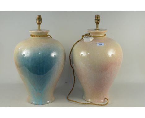 A large pair of mottled pink and green baluster shaped lamp bases, 50cm high