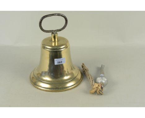 A timeworn brass ship's bell, with knotted rope clanger