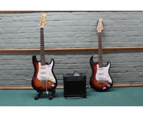 A Fender Rockburn electric guitar plus a Fender Squire 'Strat' electric guitar with stand and amp