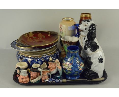 Mixed china and glass including a Staffordshire dog, Carlton ware dish, small character jug etc