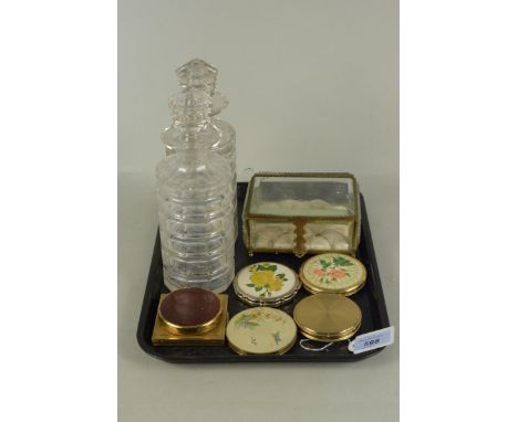 A pair of 19th Century decanters, a glass and ormolu lidded jewel box (hairline and damage to one panel) plus a selection of 