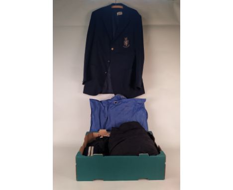 Two vintage black school gowns plus a Harrow School scarf (as found), a waistcoat and two school blazers