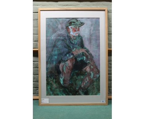 A large framed acrylic portrait of a seated elderly gentleman entitled 'Time to Think', signed 'J S Peebles 01', 82cm x 57cm