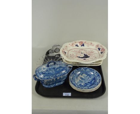 A 19th Century Staffordshire blue and white sauce tureen and ladle, five tea plates plus a pair of Masons Ironstone Mandarin 